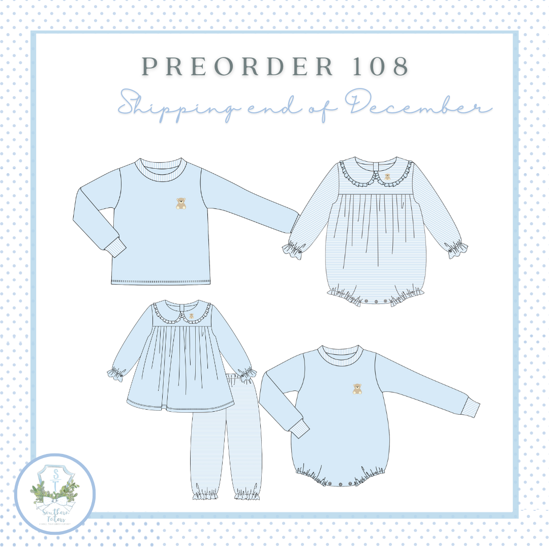 The image is a collection of four different styles of children's pajamas or sleepers, each with a unique design and color. The text "PREORDER 108 Shipping end of December" indicates that these items are being ordered for the holiday season, specifically December.