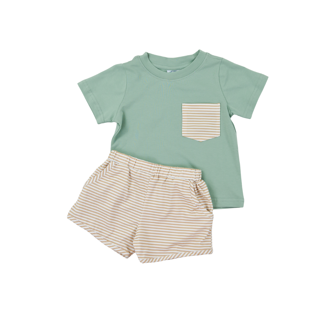Simple Tan Stripe Knit Name Boy Short Set