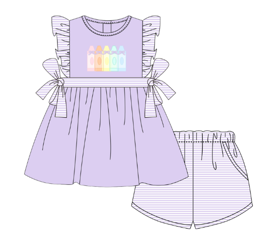 PO112: Colorful Applique Crayons Girl Short Set