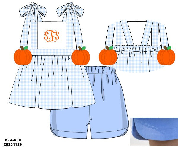 Blue Gingham with Pumpkins Girl Short Set