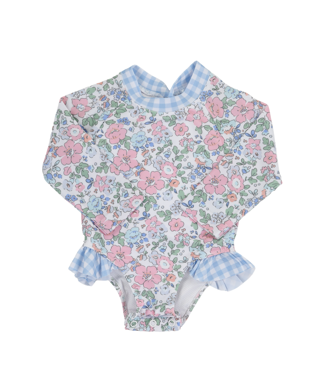 Blue Gingham & Floral Longsleeve 1pc Swimsuit