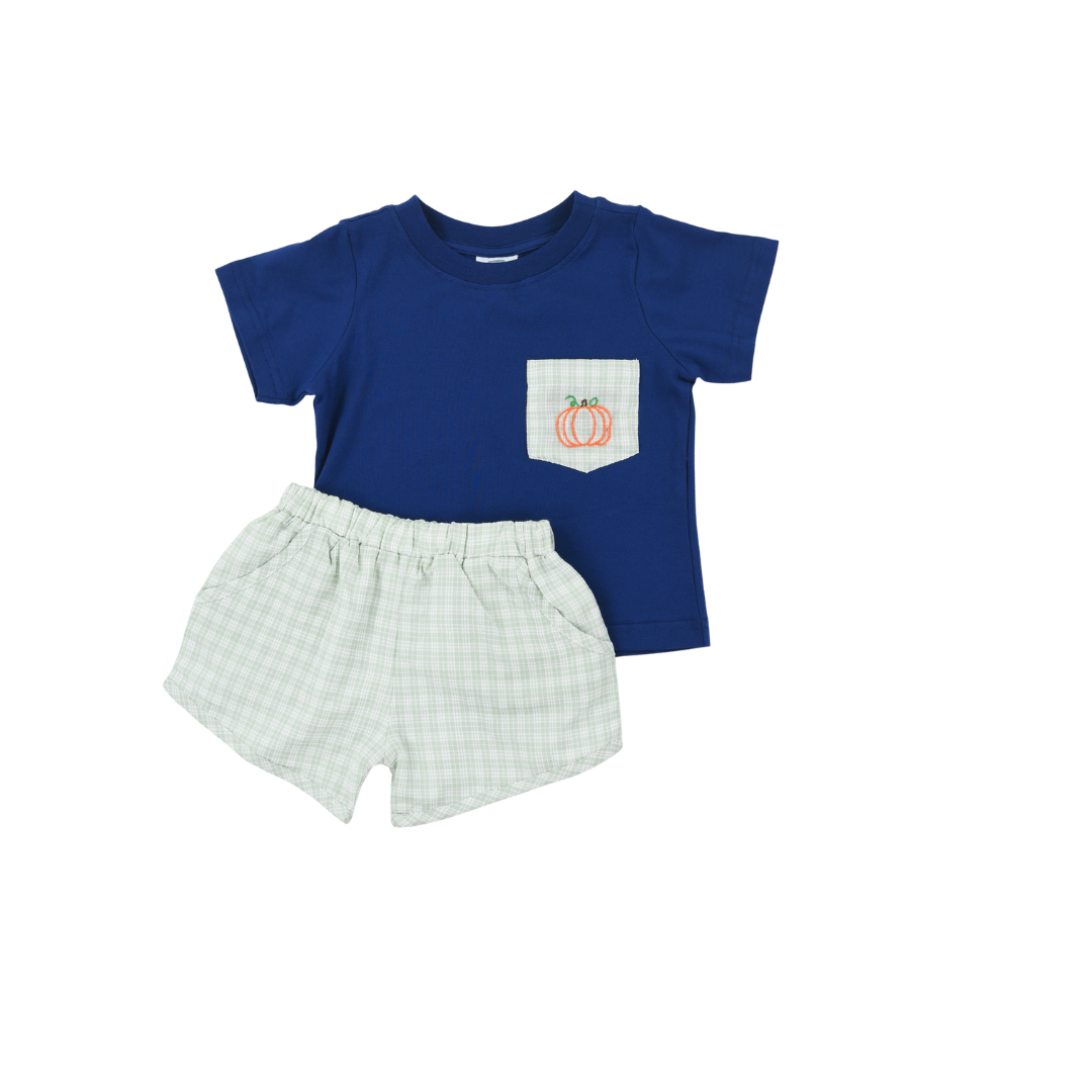 Sage Gingham and Navy Pumpkin Short Set