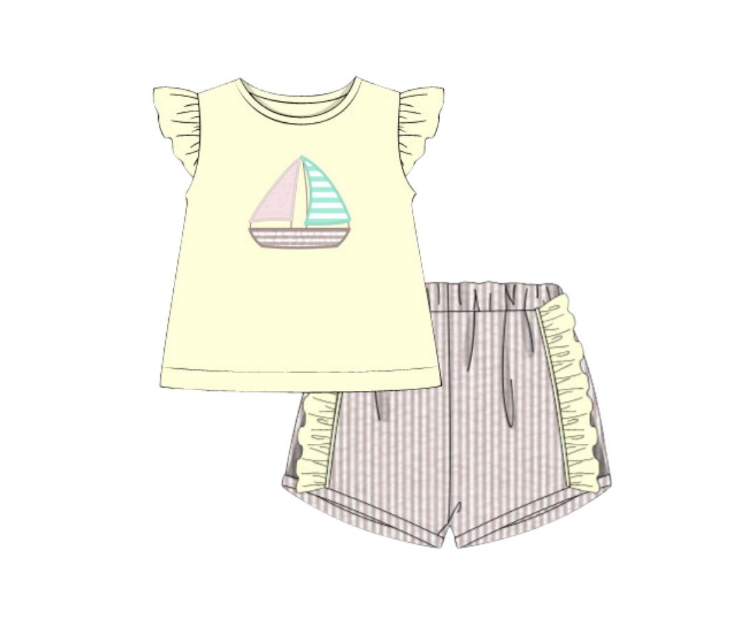 Sailboat Applique Girls Short Set