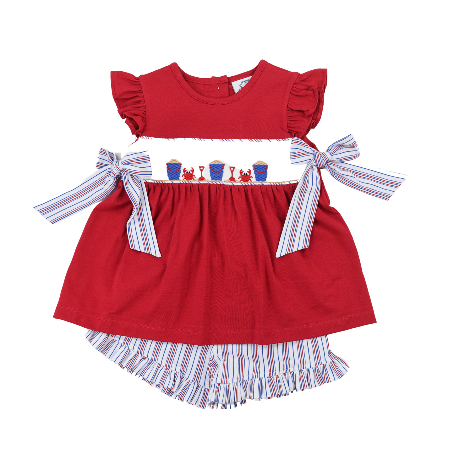 Red Stripe Beach Crab Smocked Girl Short Set