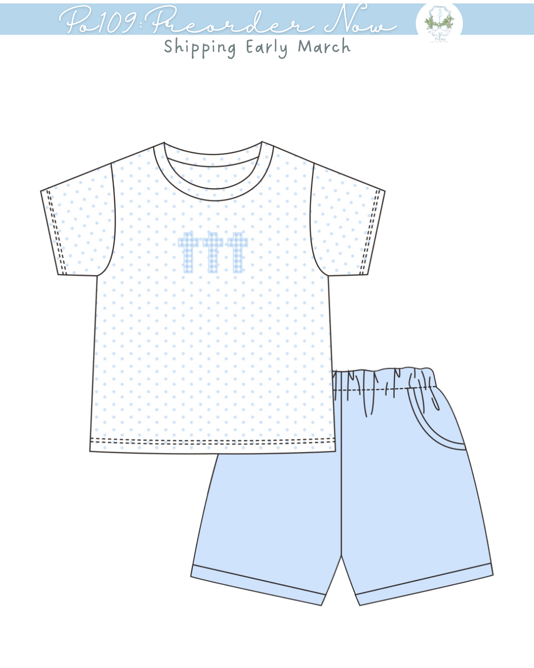 po109: Blue Gingham Cross Trio Short Set