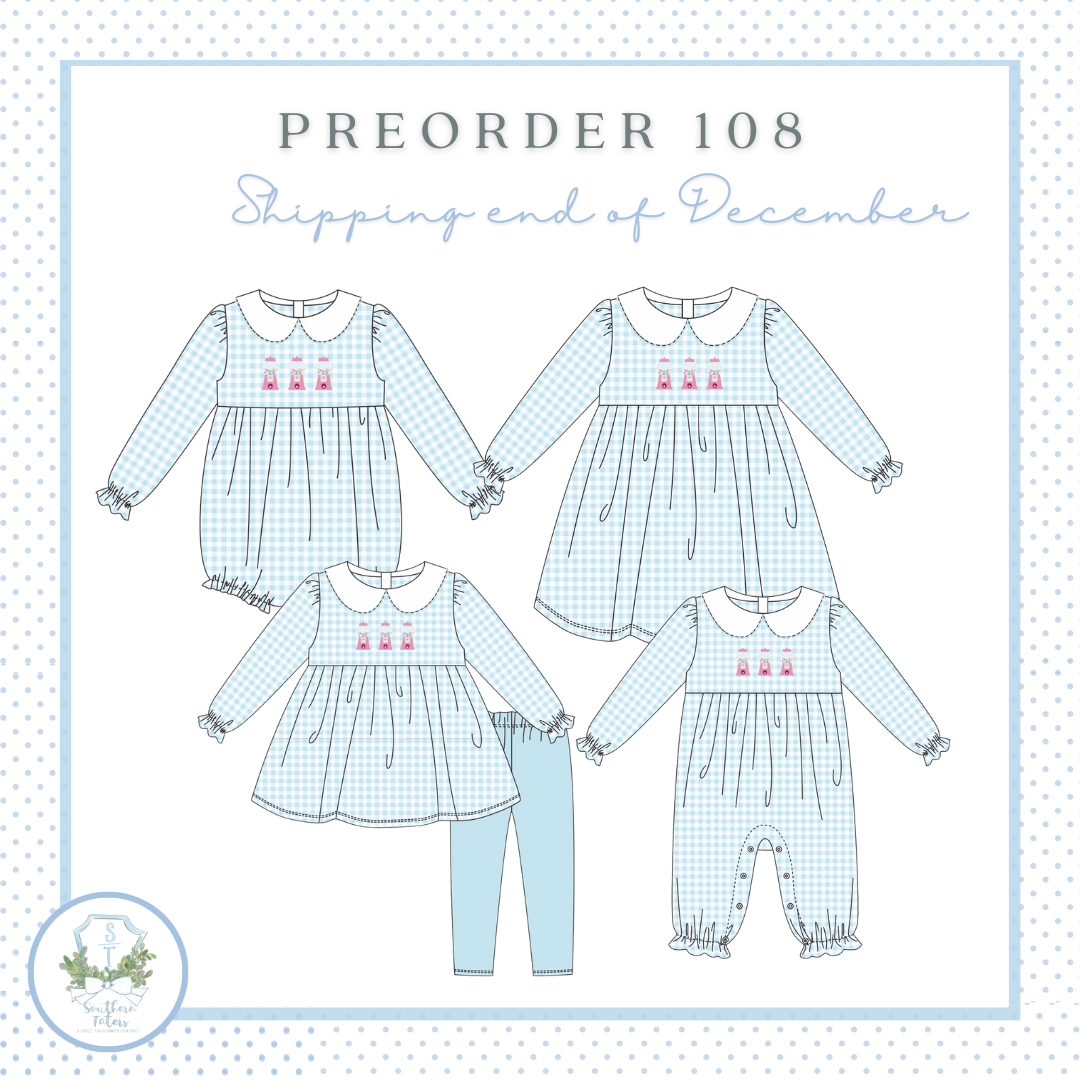 The image is a collection of four different blue and white checkered dresses, each with a unique design and size, arranged in a square format. The dresses are labeled as "PREORDER 108" and "Shipping end of December", indicating that they are ready for shipping at the end of December.