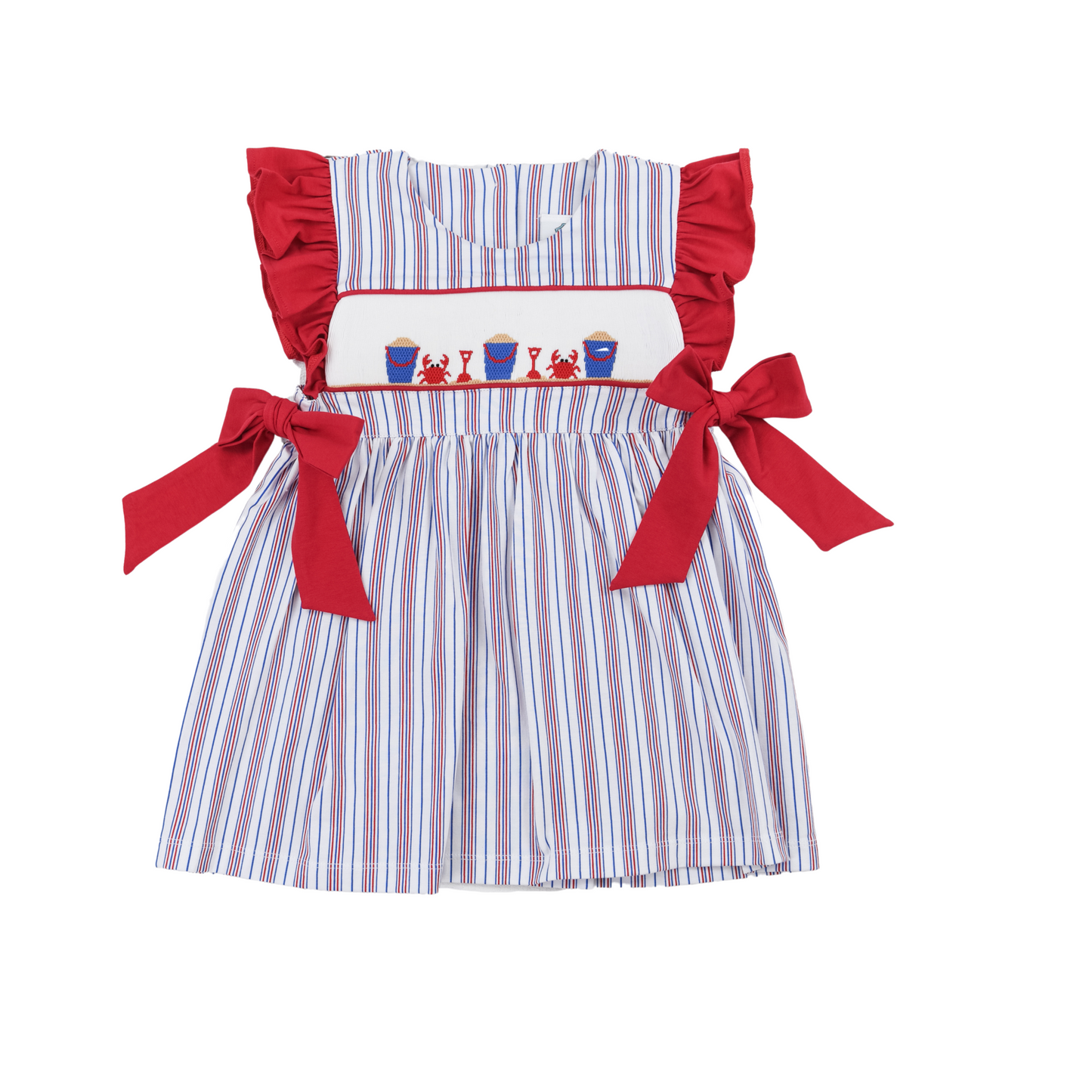 Red Stripe Beach Crab Smocked Girl Dress