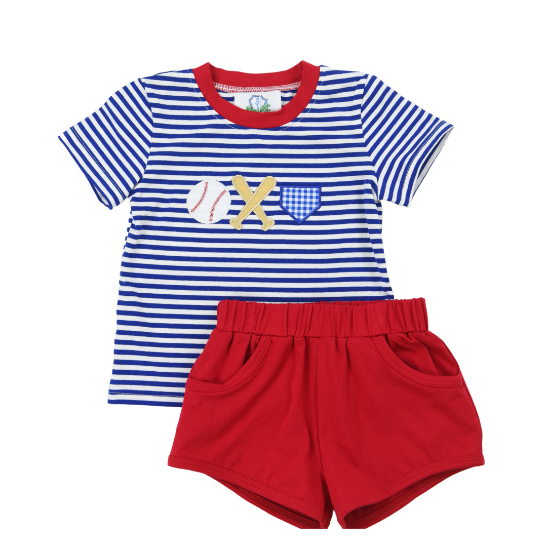 Navy Stripe Baseball Applique Boy Short Set
