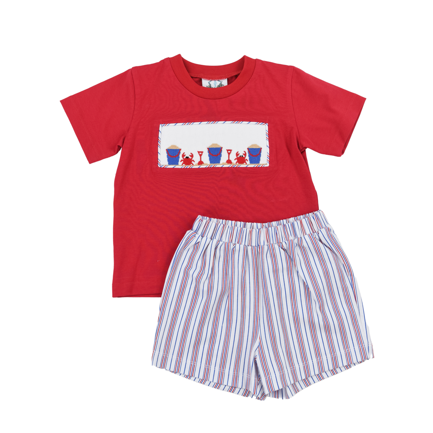 Red Stripe Beach Crab Smocked Boy Short Set