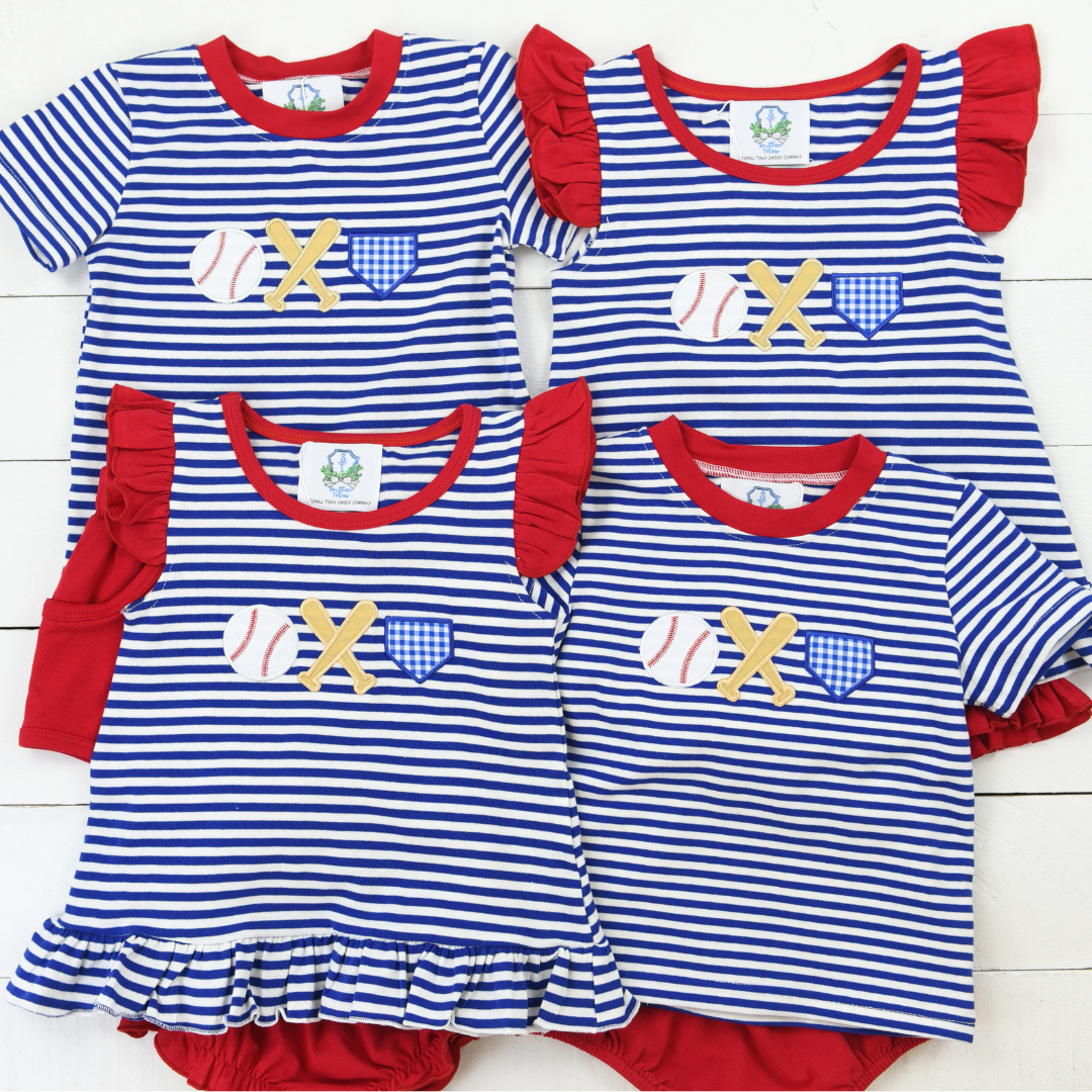 Navy Stripe Baseball Applique Boy Short Set
