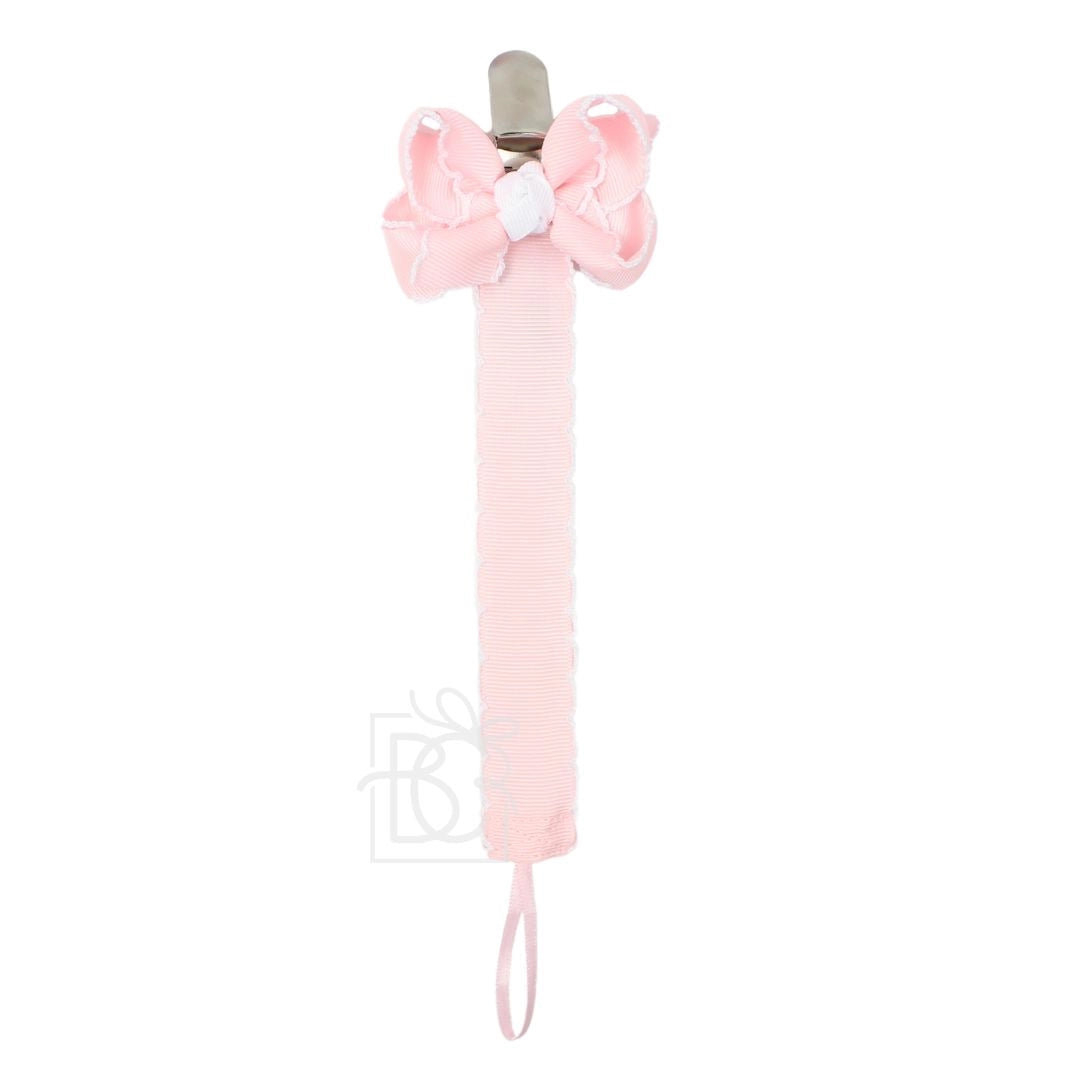 Paci Clip with White Crochet Scalloped Edge - Bow Clip is detachable (2 for 1)