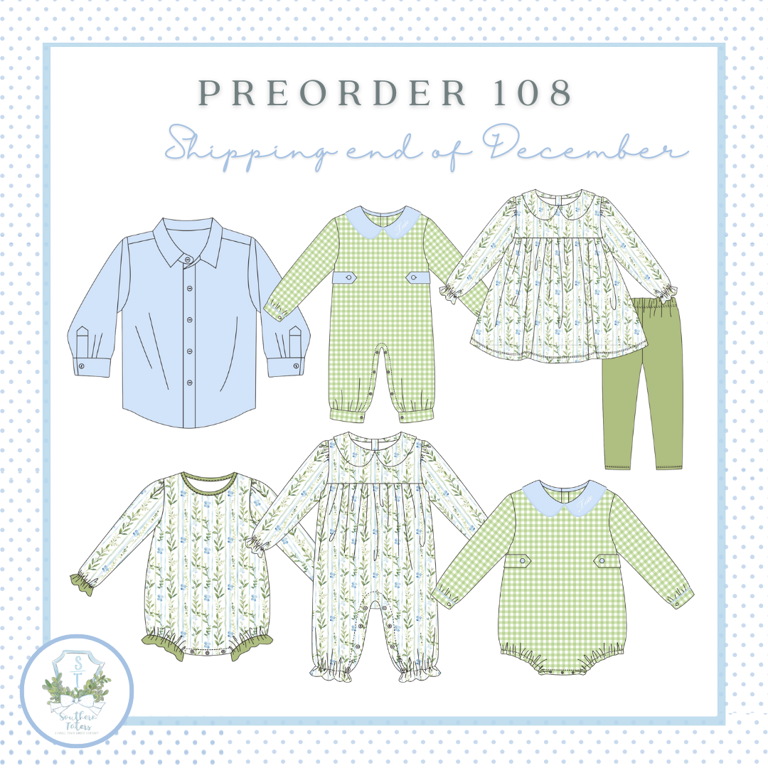 The image is a collection of six different clothing items, including shirts, dresses, and pants, arranged in a grid-like layout. The text "PREORDER 108 Shipping end of December" is displayed above the clothing items, indicating that these items are part of a preorder order for December shipping.