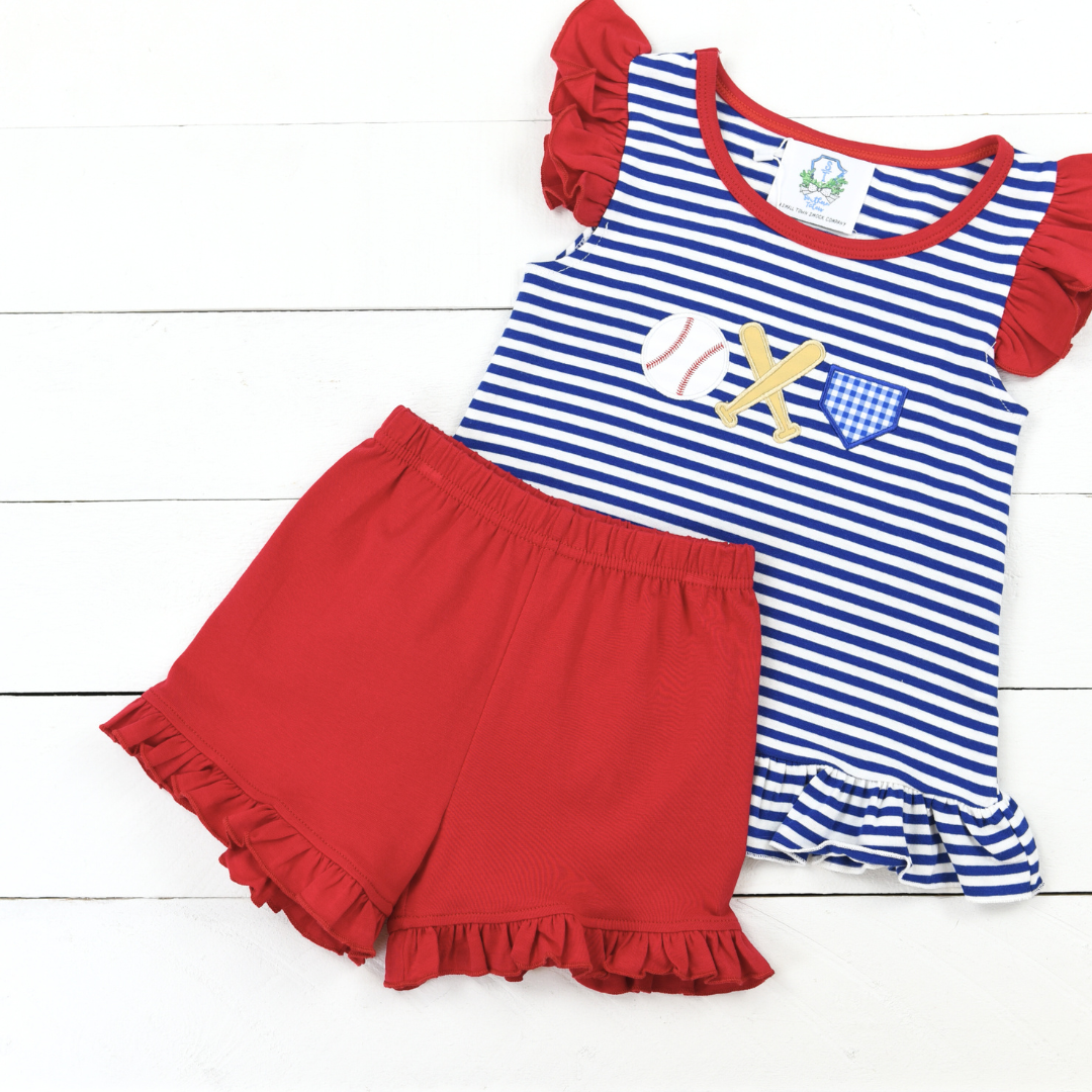 Navy Stripe Baseball Applique Girl Short Set