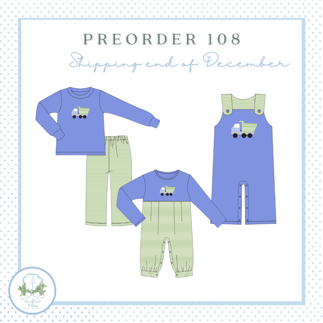 The image is a collage of three clothing items, including a long-sleeved shirt, a pair of pants, and a jumpsuit, all featuring a truck design. The text "PREORDER 108 Shipping end of December" is displayed above the clothing items, indicating that these items are part of a preorder for shipping in December.