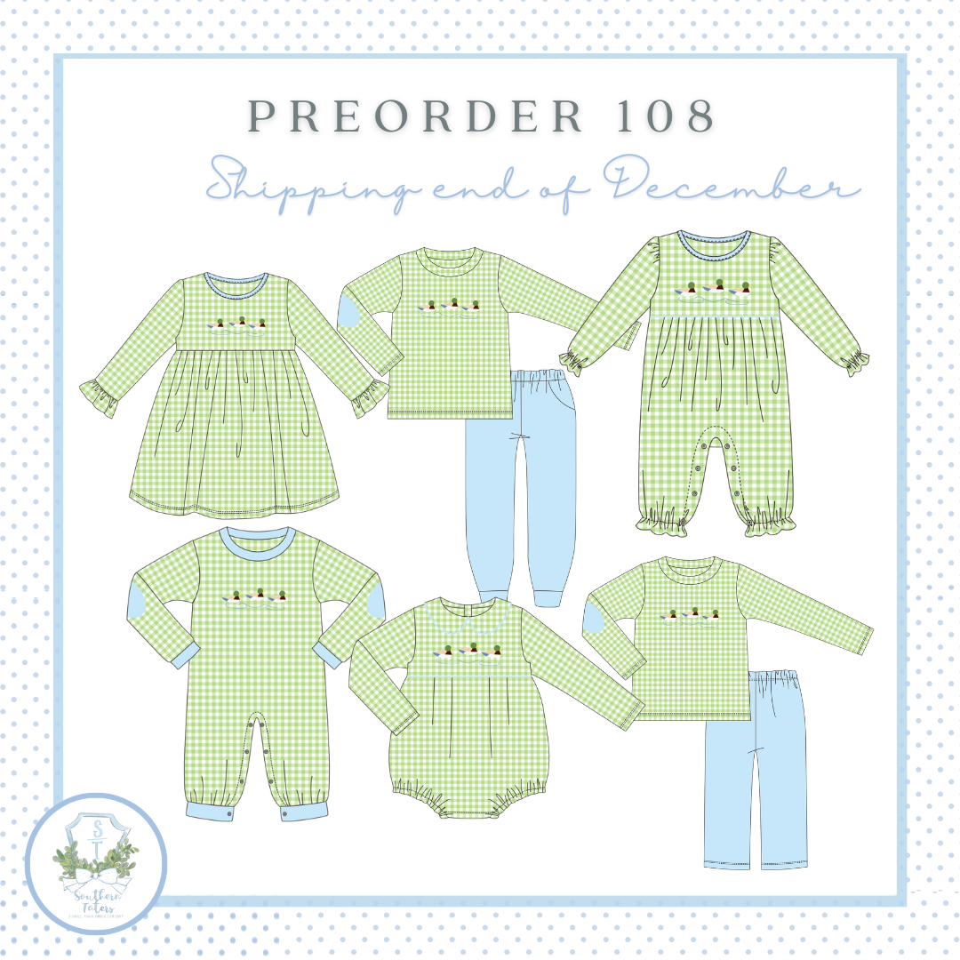 The image is a collection of six different green and white checkered pajamas or sleepers, each with a unique design or pattern. The text "PREORDER 108 Shipping end of December" is displayed above the pajamas, indicating that these items are being ordered for the holiday season.