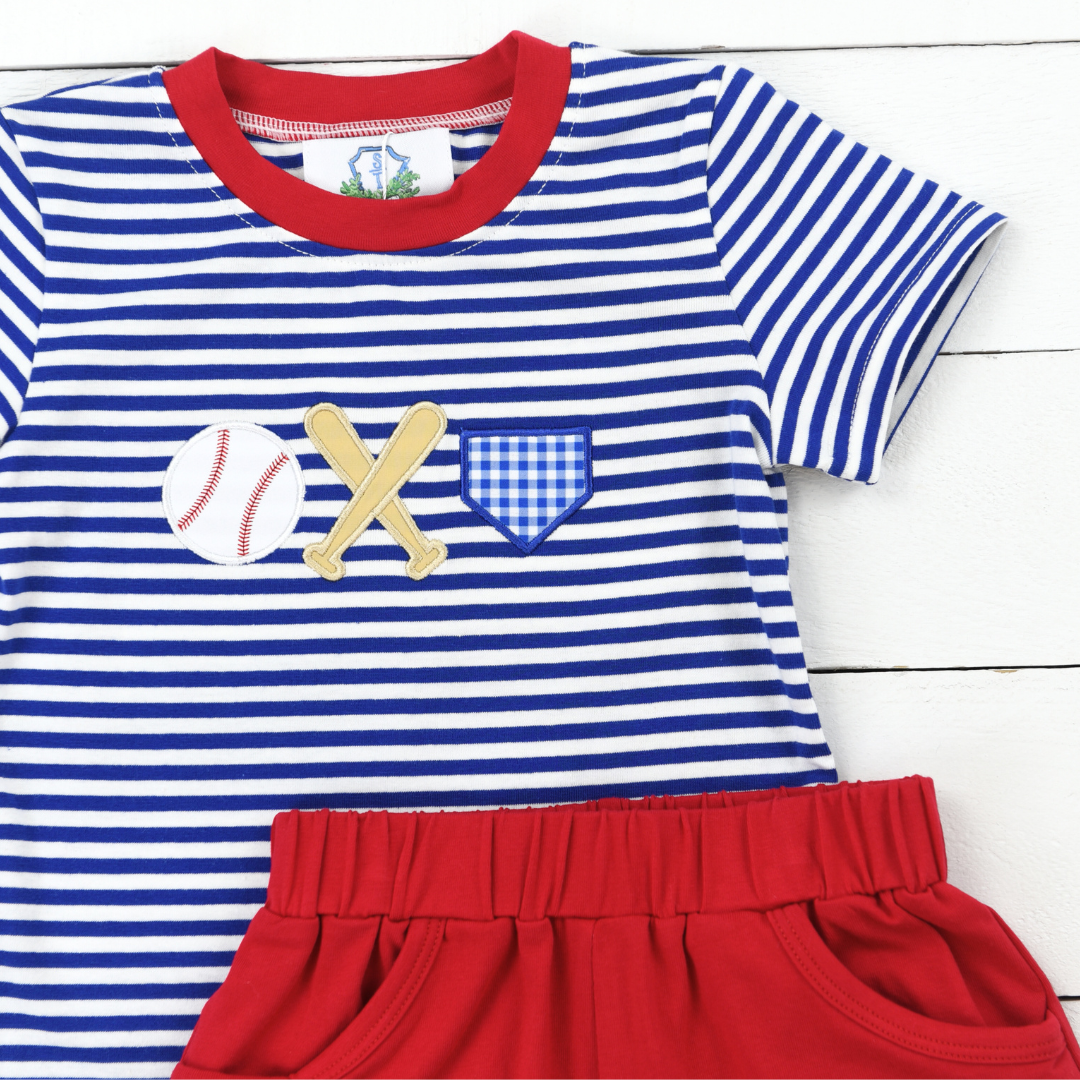 Navy Stripe Baseball Applique Boy Short Set