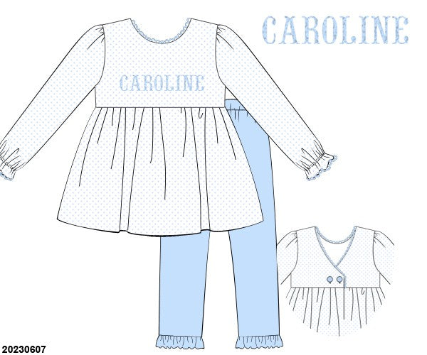 Blue Bitty Dot Embroidered Name Girls Pants Set