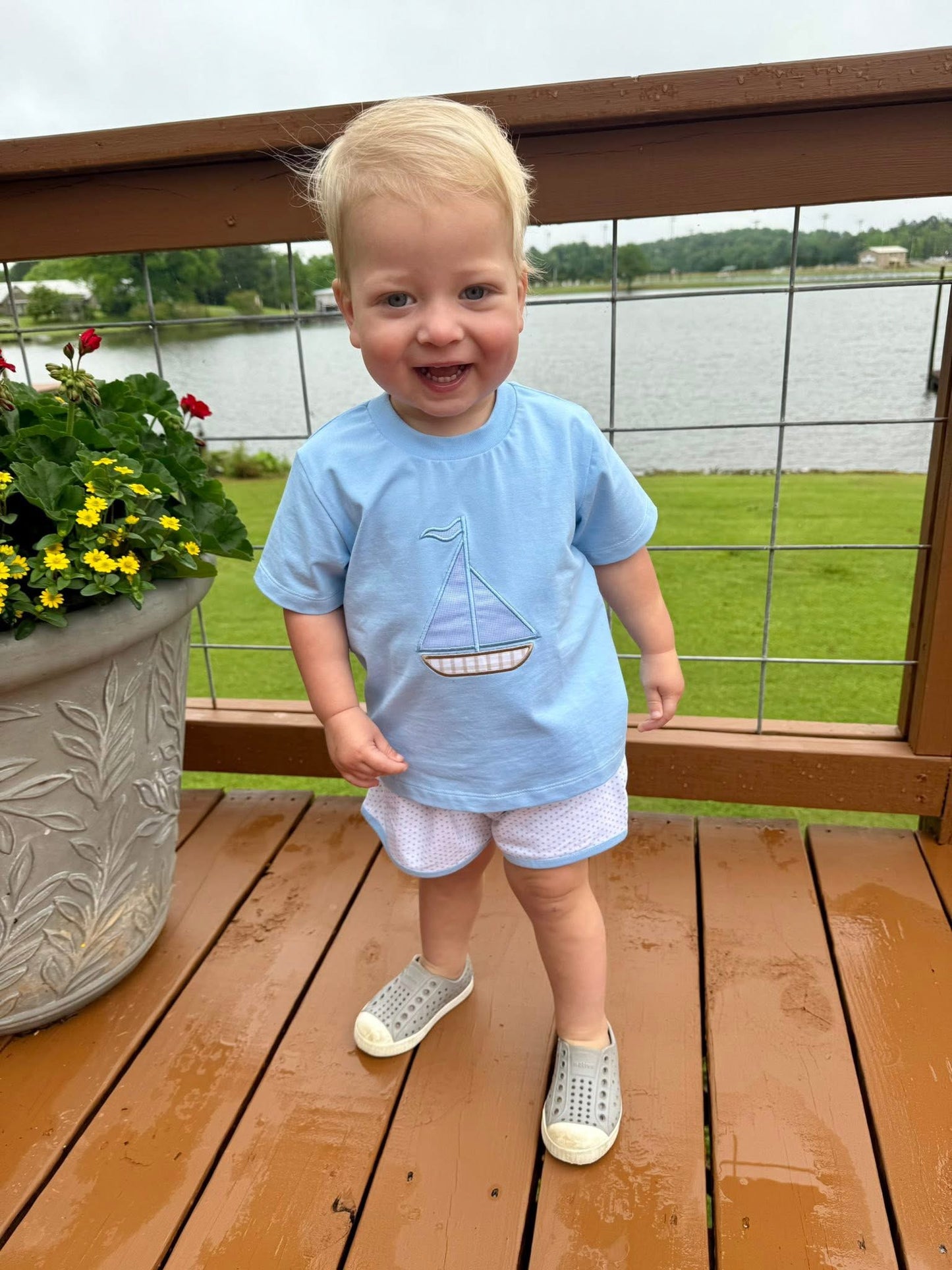 Applique Sailboat Boy Short Set