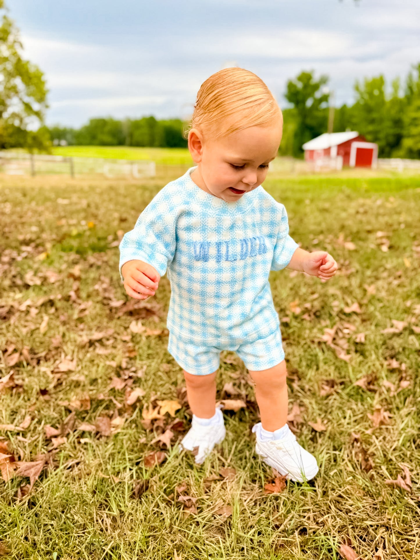 Blue Gingham Name Sweater Set