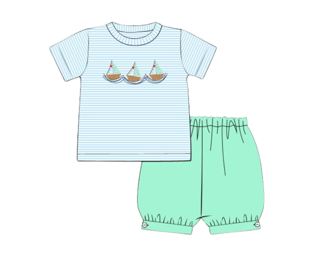 French Knot Boats Boy Bubble Short Set
