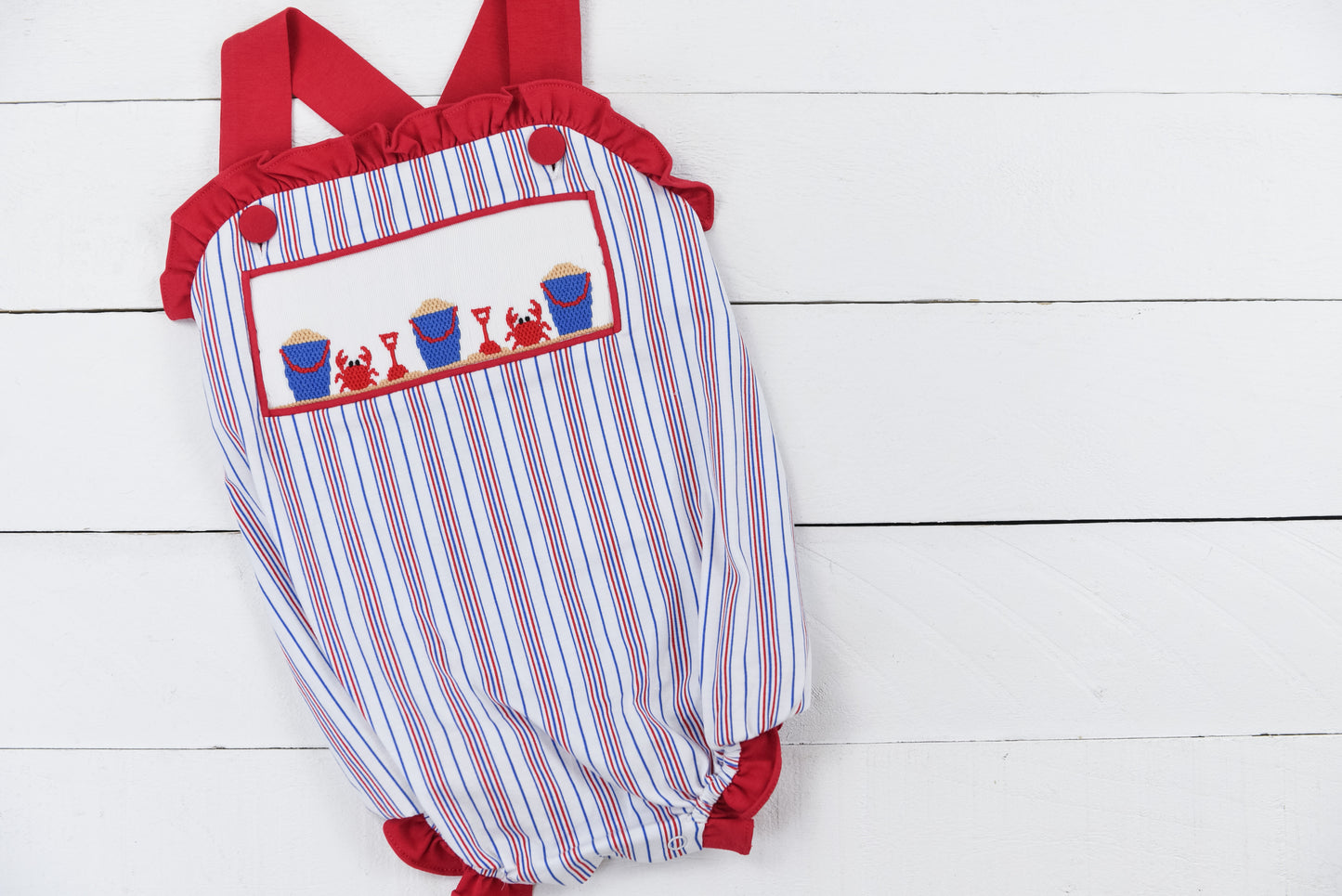 Red Stripe Beach Crab Smocked Girl Bubble