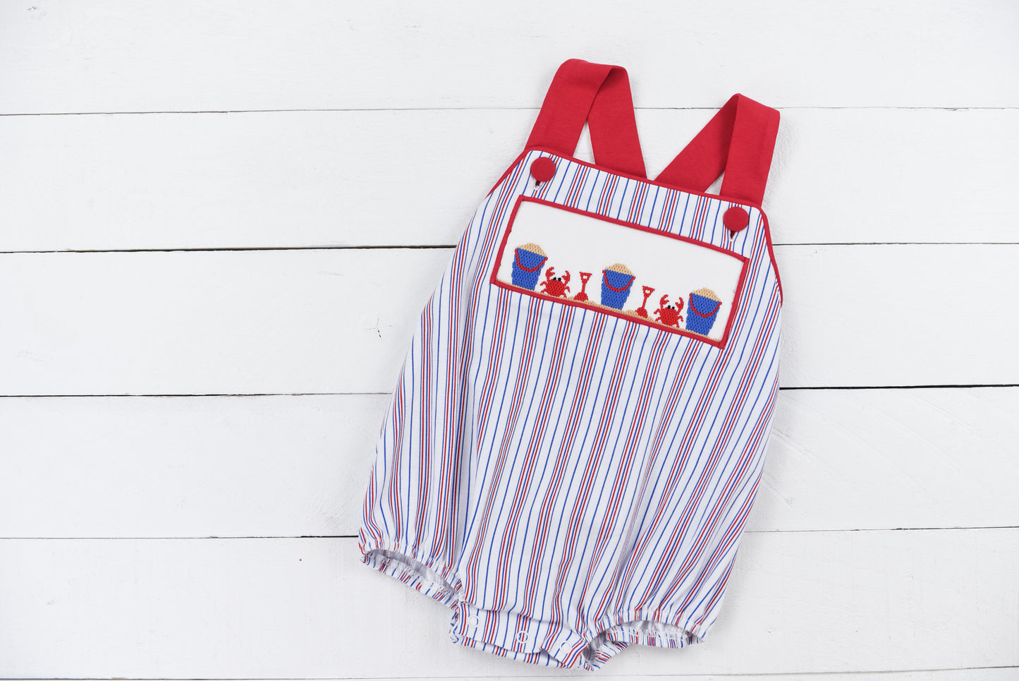 Red Stripe Beach Crab Smocked Boy Bubble