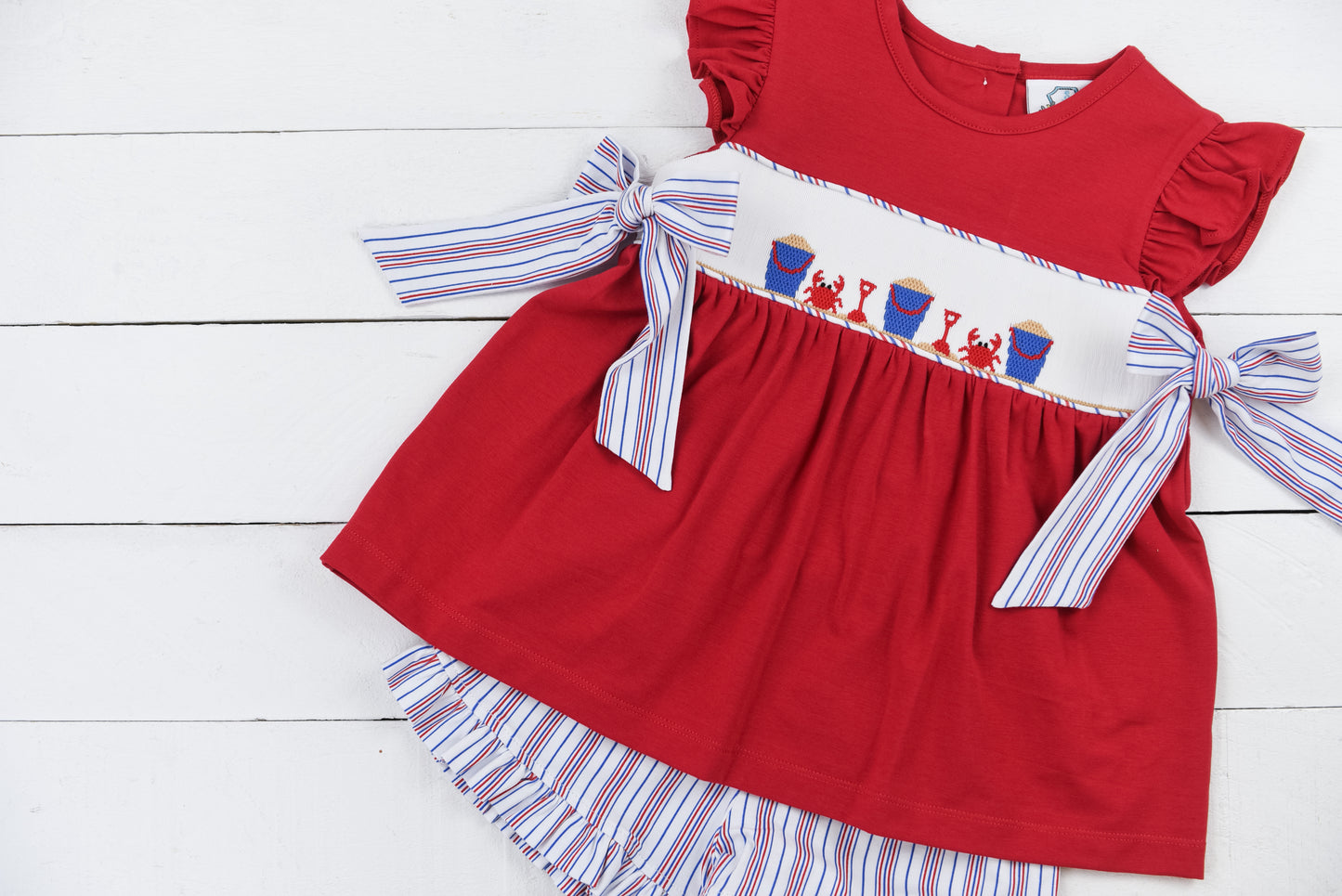 Red Stripe Beach Crab Smocked Girl Short Set