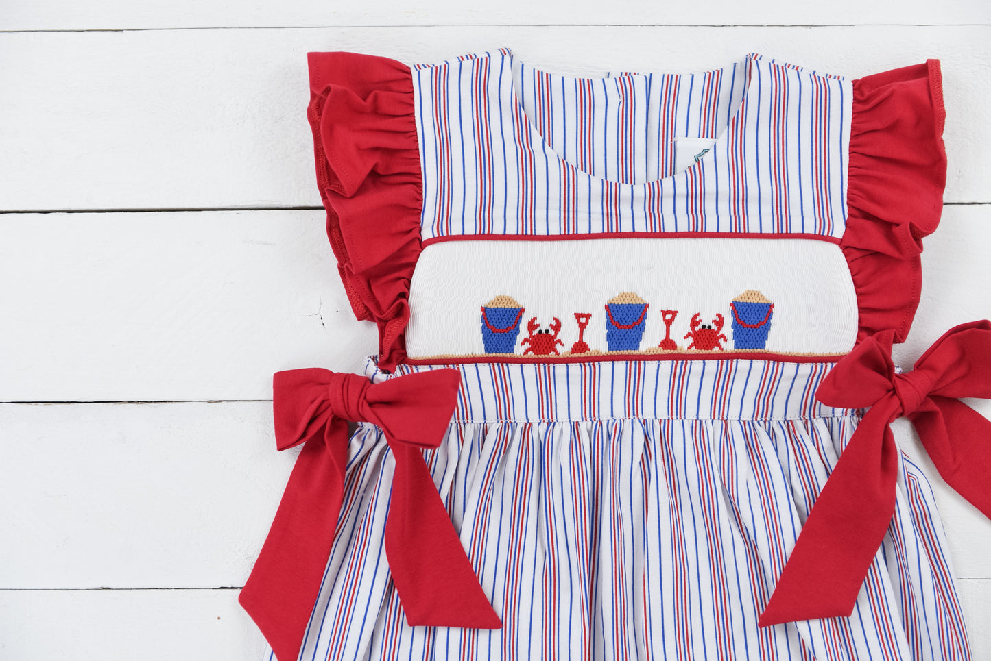 Red Stripe Beach Crab Smocked Girl Dress