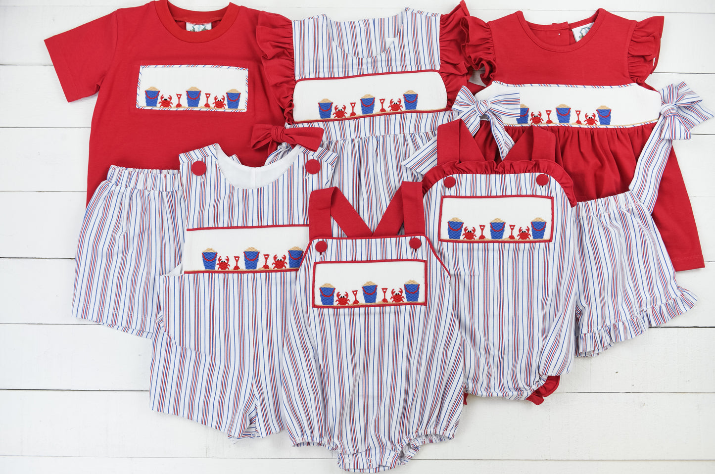 Red Stripe Beach Crab Smocked Boy Bubble
