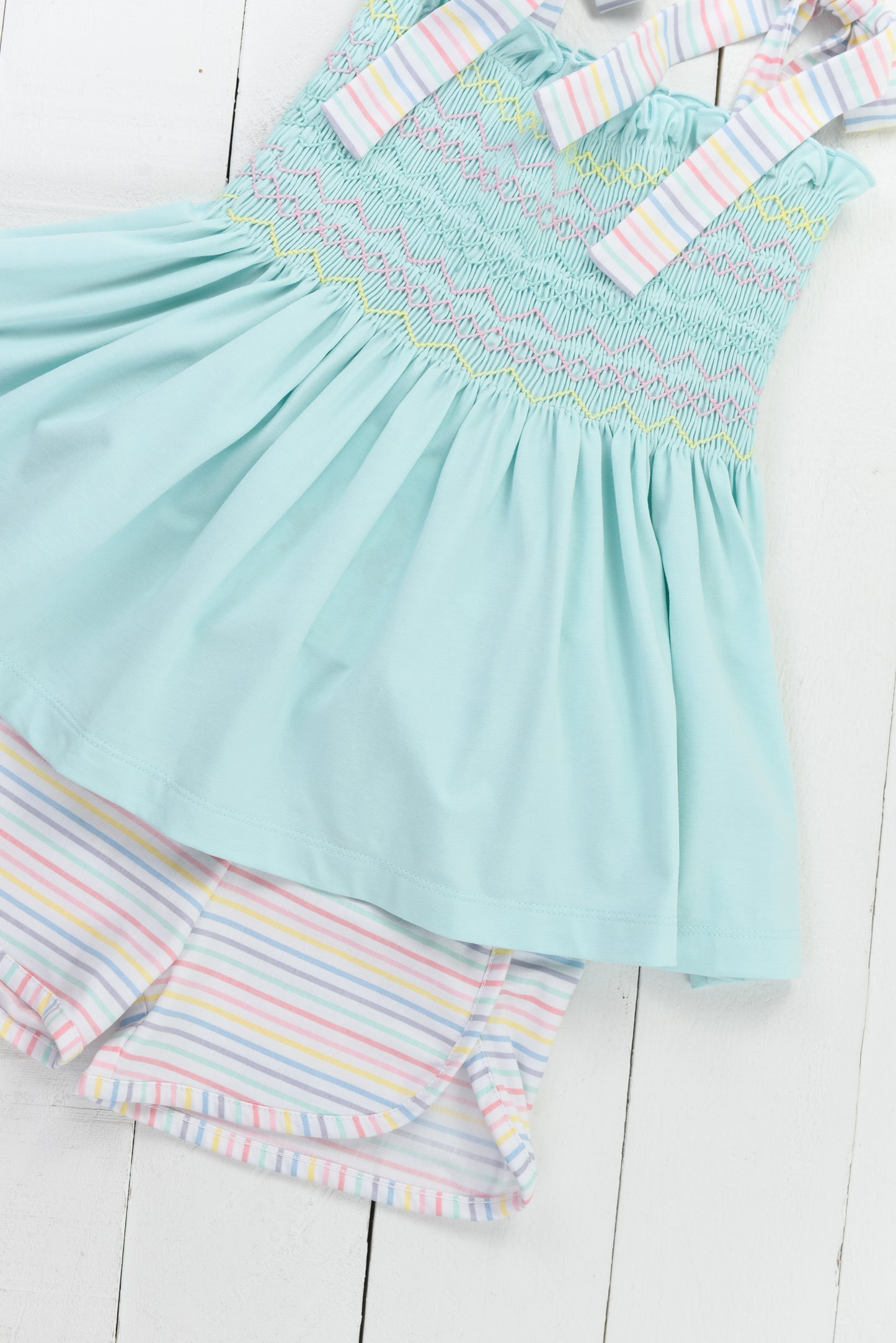 Smocked Mint and Pastel Stripes Girl Short Set