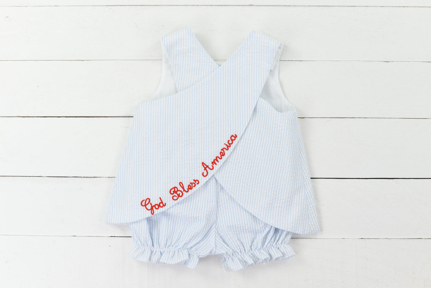 Blue Seersucker Flag Girl Bubble Short Set