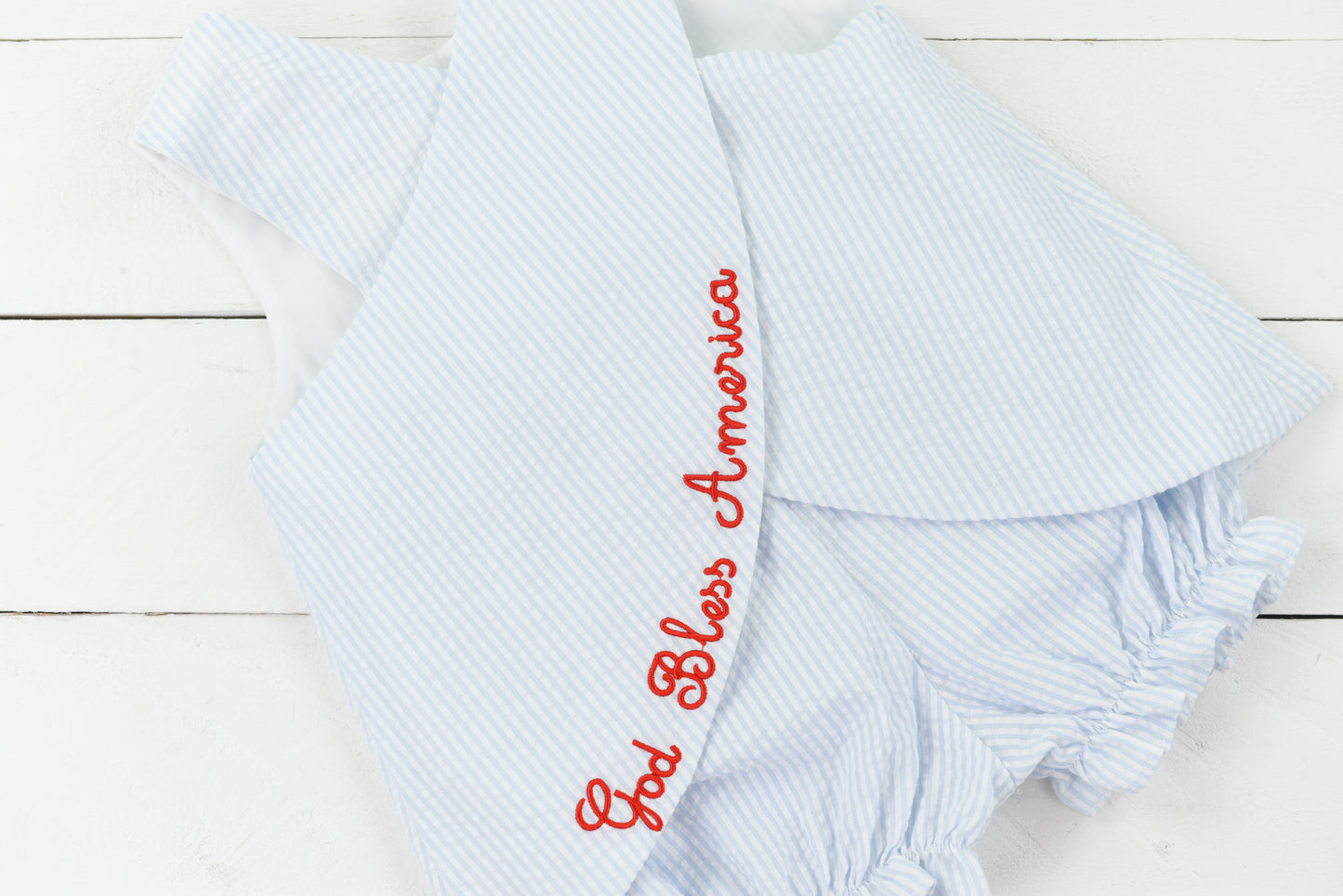 Blue Seersucker Flag Girl Bubble Short Set