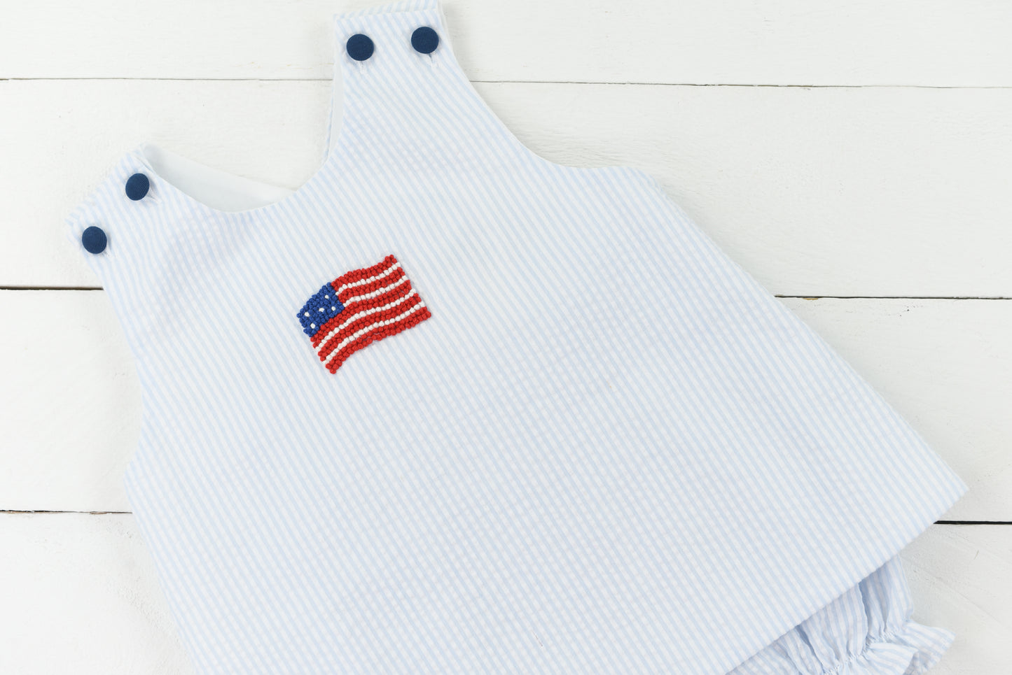 Blue Seersucker Flag Girl Bubble Short Set