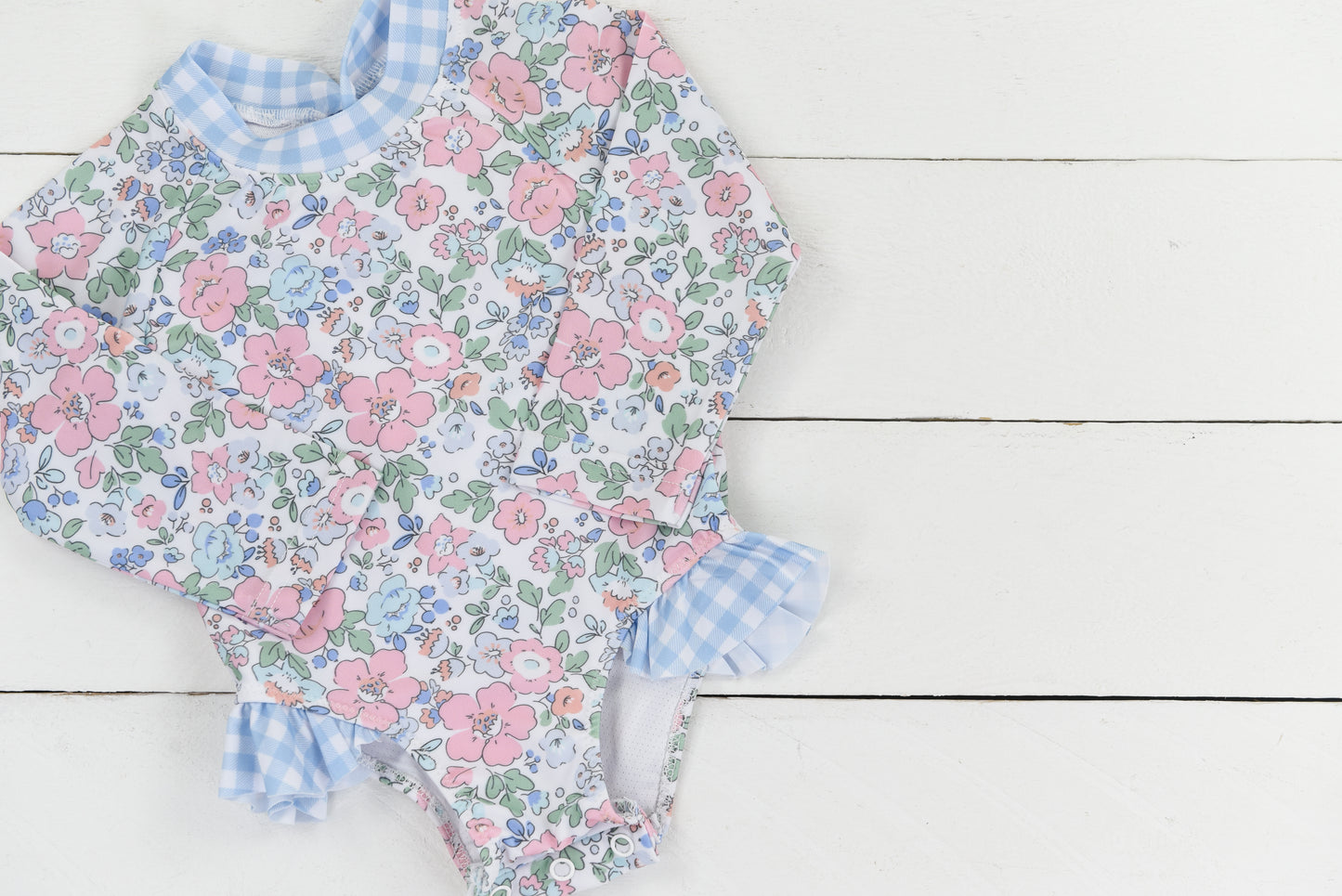 Blue Gingham & Floral Longsleeve 1pc Swimsuit