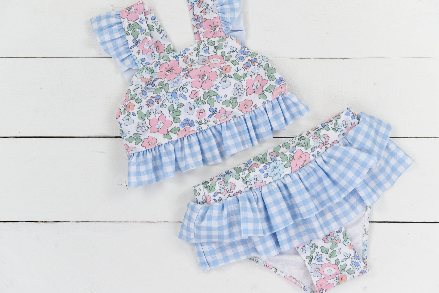 Blue Gingham & Floral Two Piece Swimsuit