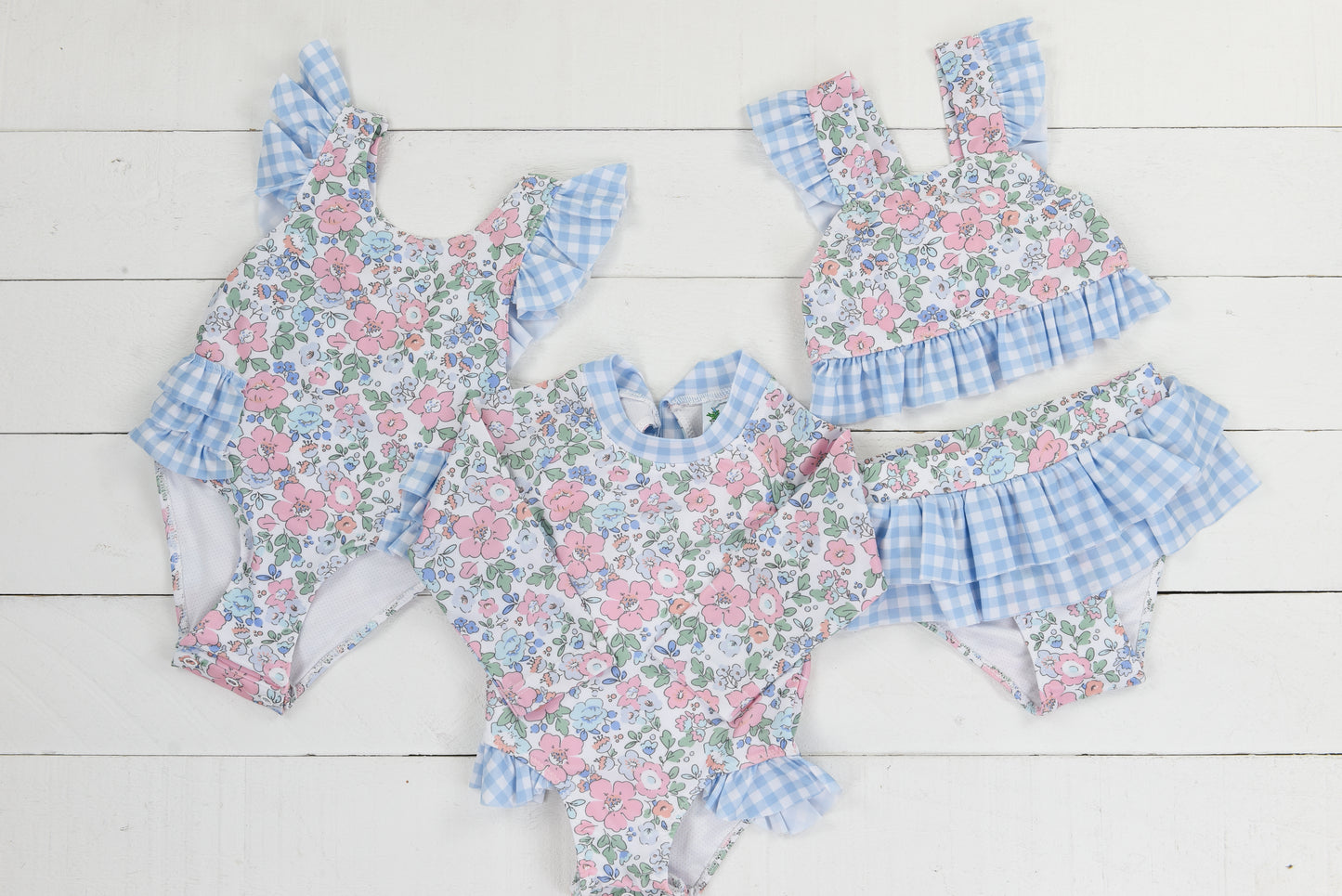Blue Gingham & Floral Longsleeve 1pc Swimsuit