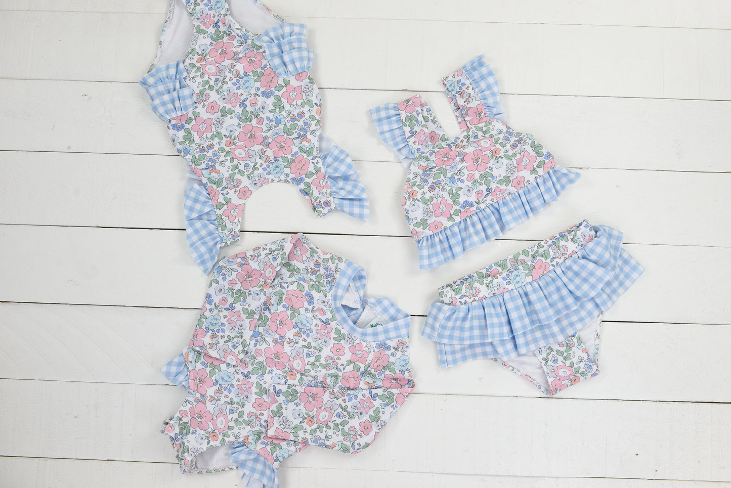 Blue Gingham & Floral Two Piece Swimsuit