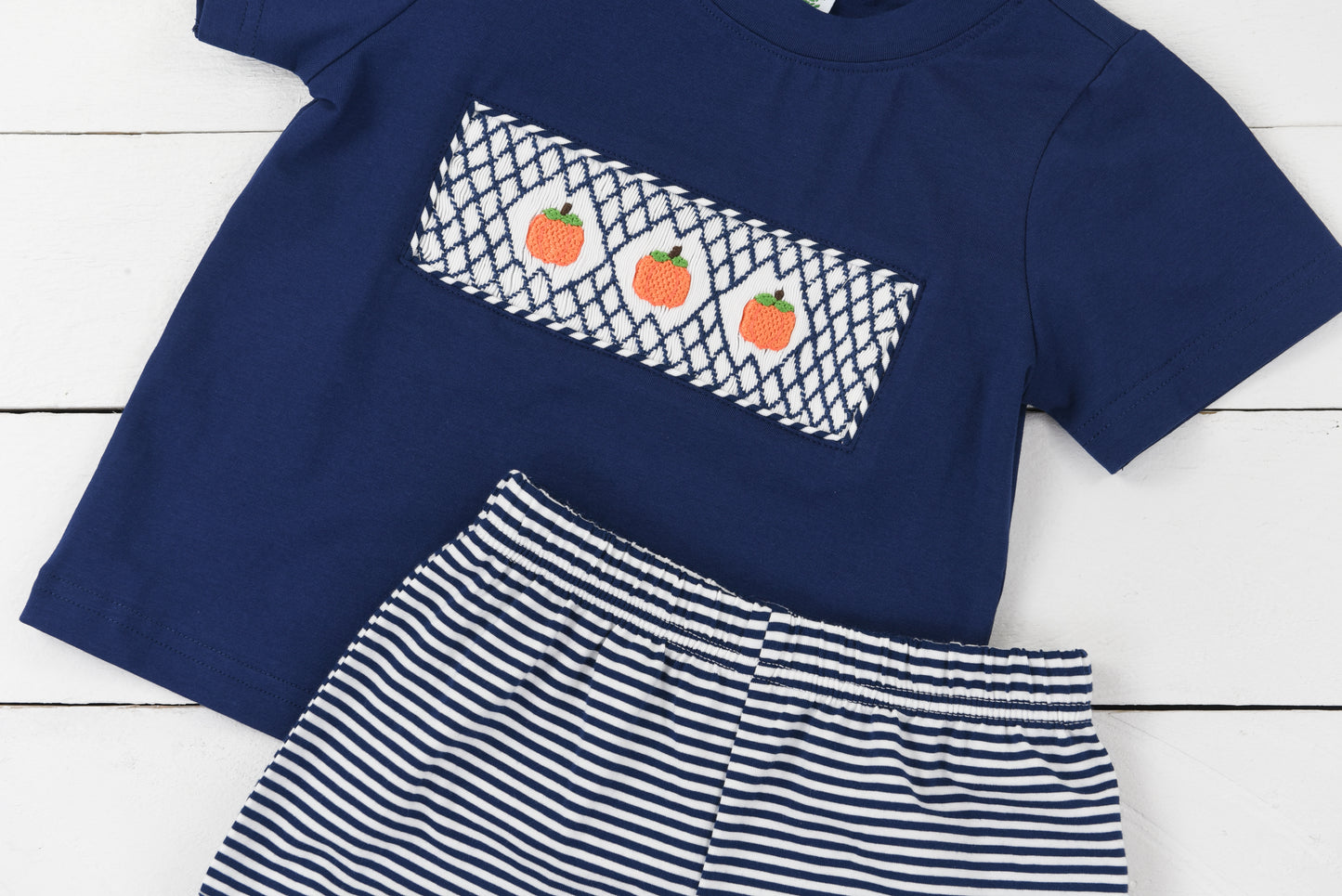 Navy Smocked Pumpkin Short Set