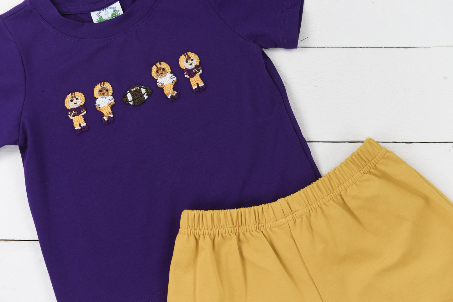 Saturday Night Lights French Knot Boys Short Set- Purple & Gold