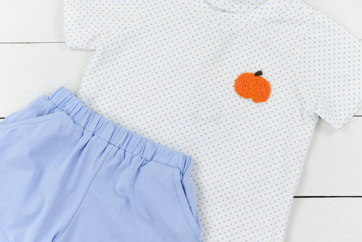 Blue Bitty Dot Pumpkin Boy Short Set