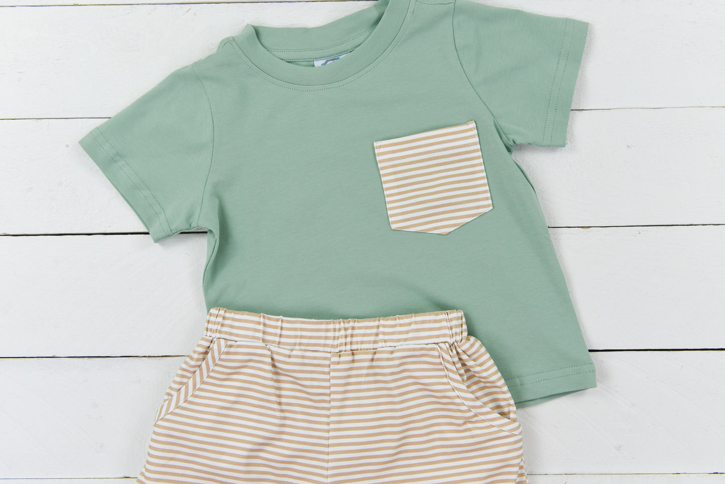 Simple Tan Stripe Knit Name Boy Short Set