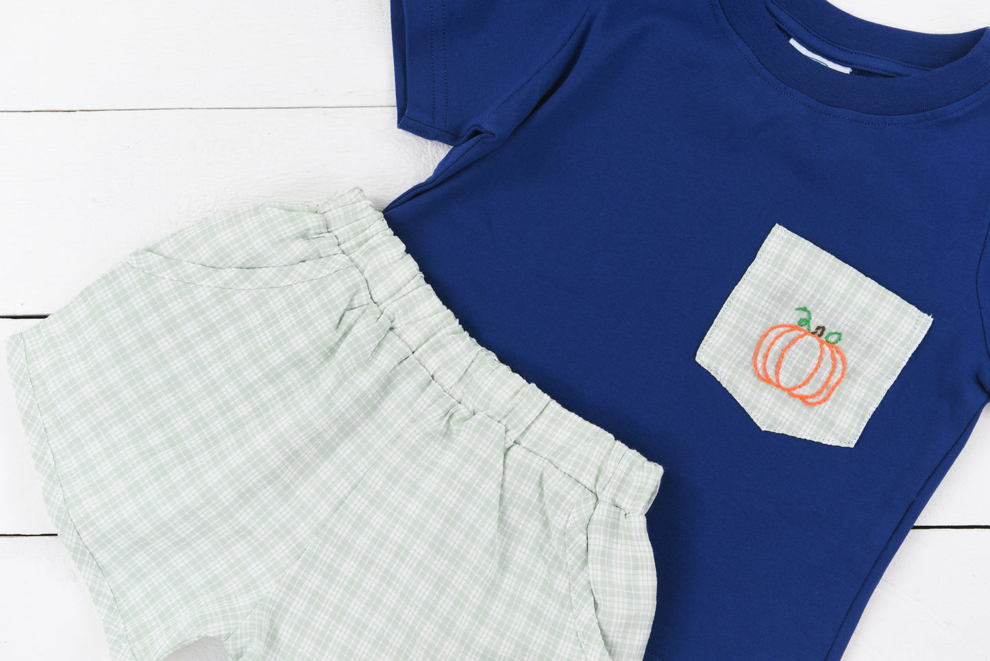 Sage Gingham and Navy Pumpkin Short Set