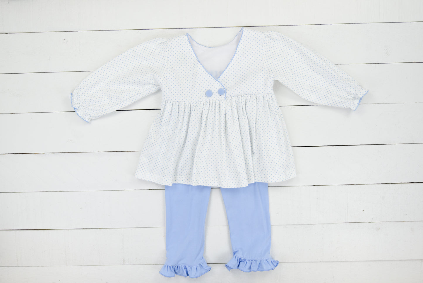 Blue Bitty Dot Embroidered Name Girls Pants Set