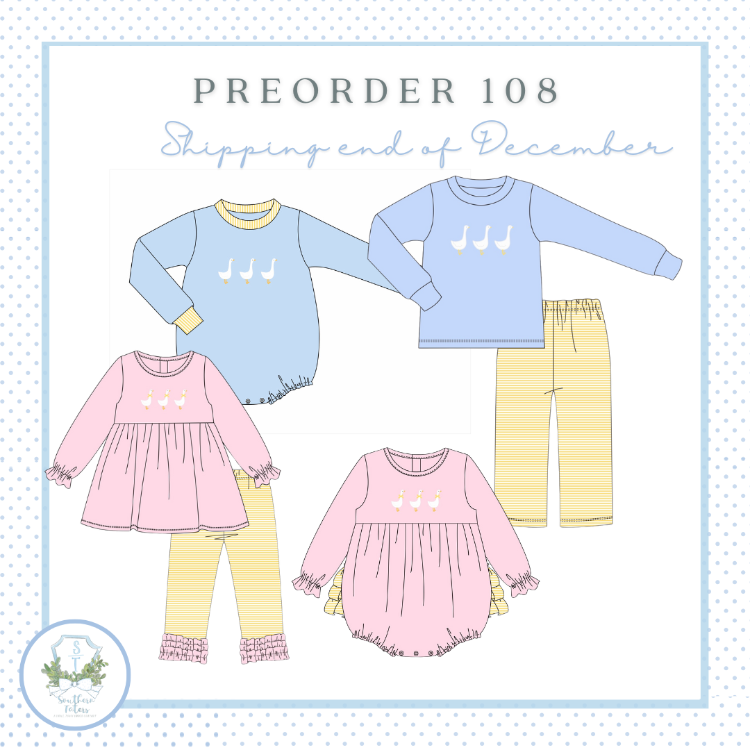 The image is a collage of four different children's clothing items, including a blue sweater, a pink dress, yellow pants, and a pink dress with a duck design. The text "PREORDER 108 Shipping end of December" is displayed above the clothing items, indicating that these items are part of a preorder order for December shipping.