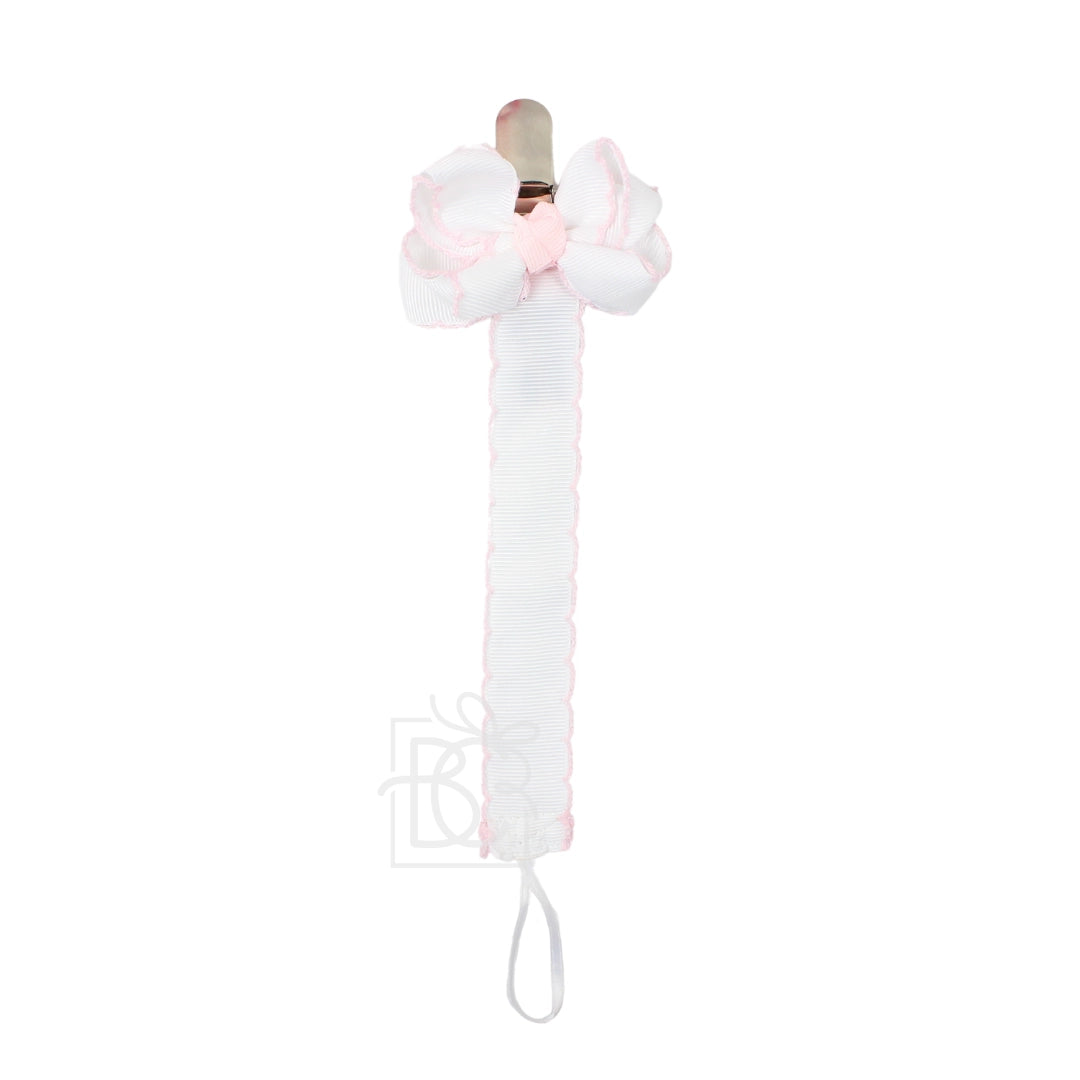 White Paci Clip with Pink Crochet Scalloped Edge - Bow Clip is detachable (2 for 1)