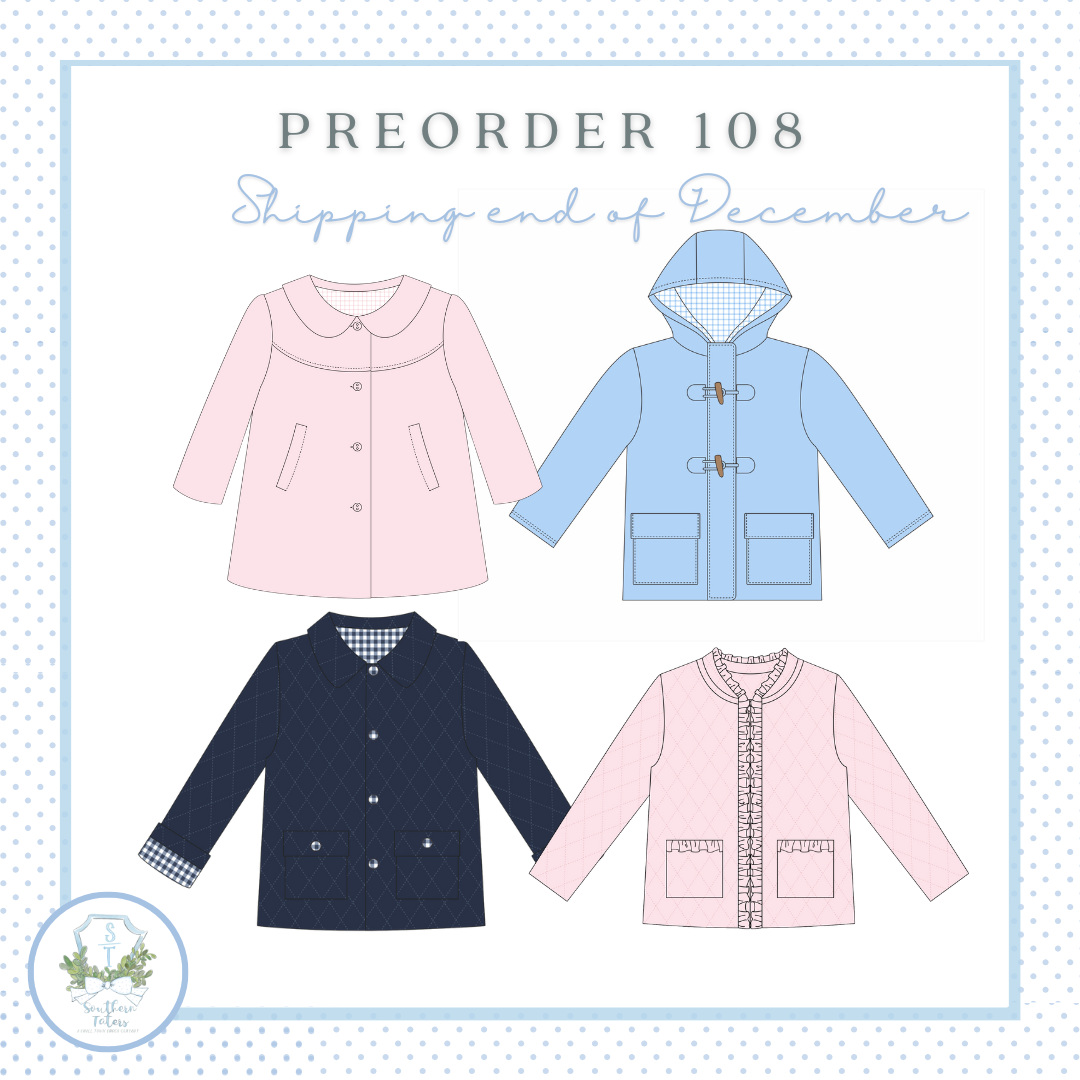 The image is a collage of four different winter coats, each with unique features and colors, including a pink coat, a blue coat, a black coat, and a pink coat. The text "PREORDER 108 Shipping end of December" is displayed above the coats, indicating that these coats are part of a preorder for shipping in December.