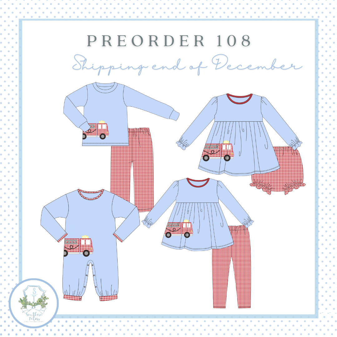 The image is a collection of four different children's clothing items, including a blue long-sleeved shirt, red and white checkered pants, a blue dress, and a blue jumpsuit, all featuring a fire truck design. The text "PREORDER 108 Shipping end of December" is displayed above the clothing items, indicating that these items are part of a preorder order for December shipping.