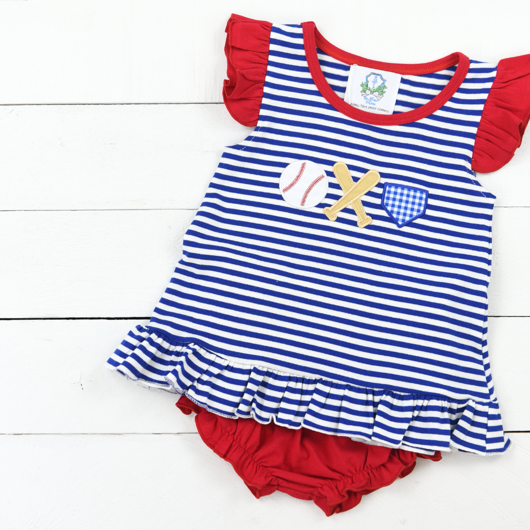 Navy Stripe Baseball Applique Girls Bloomer Set