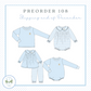 The image is a collection of four different styles of children's pajamas or sleepers, each with a unique design and color. The text "PREORDER 108 Shipping end of December" indicates that these items are being ordered for the holiday season, specifically December.