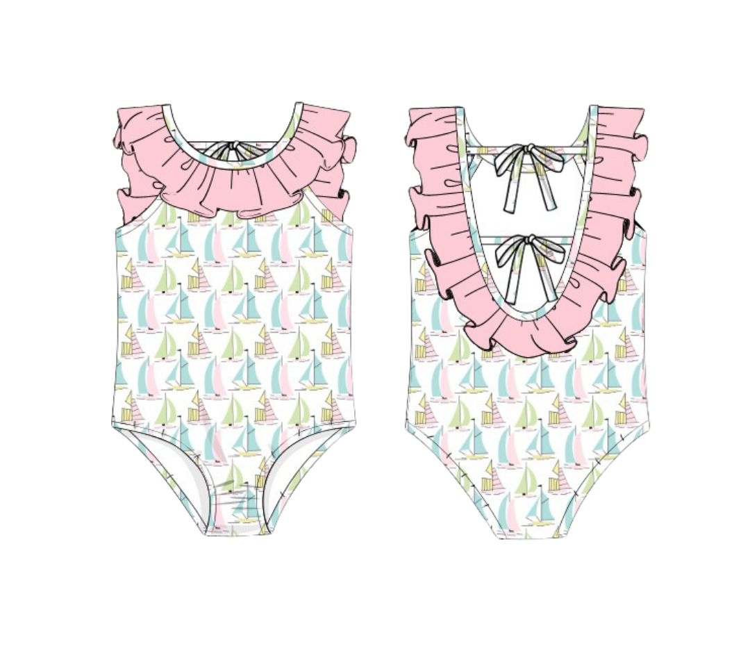 Sailboat One Piece Ruffle Swimsuit